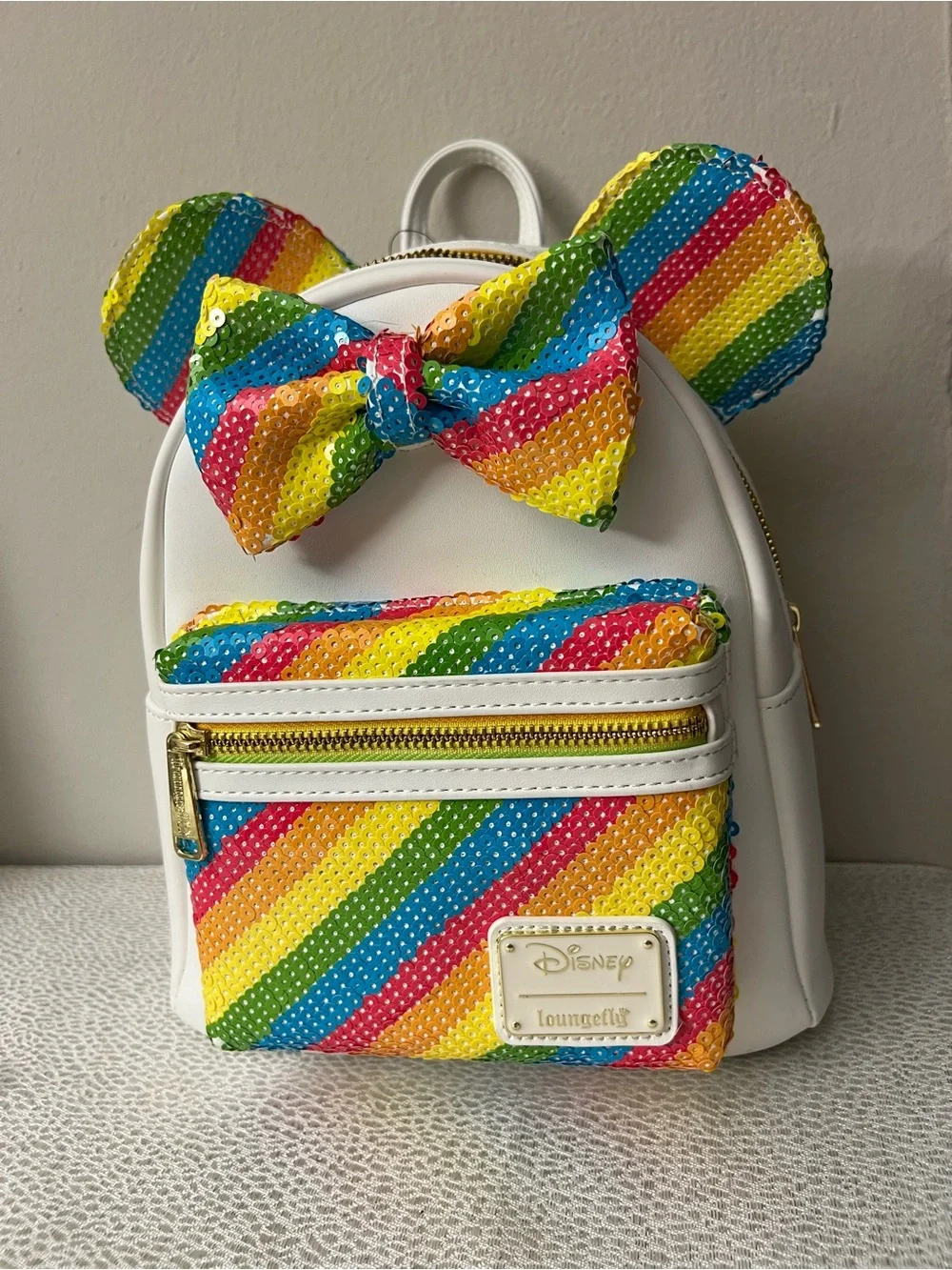 Loungefly Disney Minnie Mouse Rainbow Sequin Mini Backpack + Ears Headband